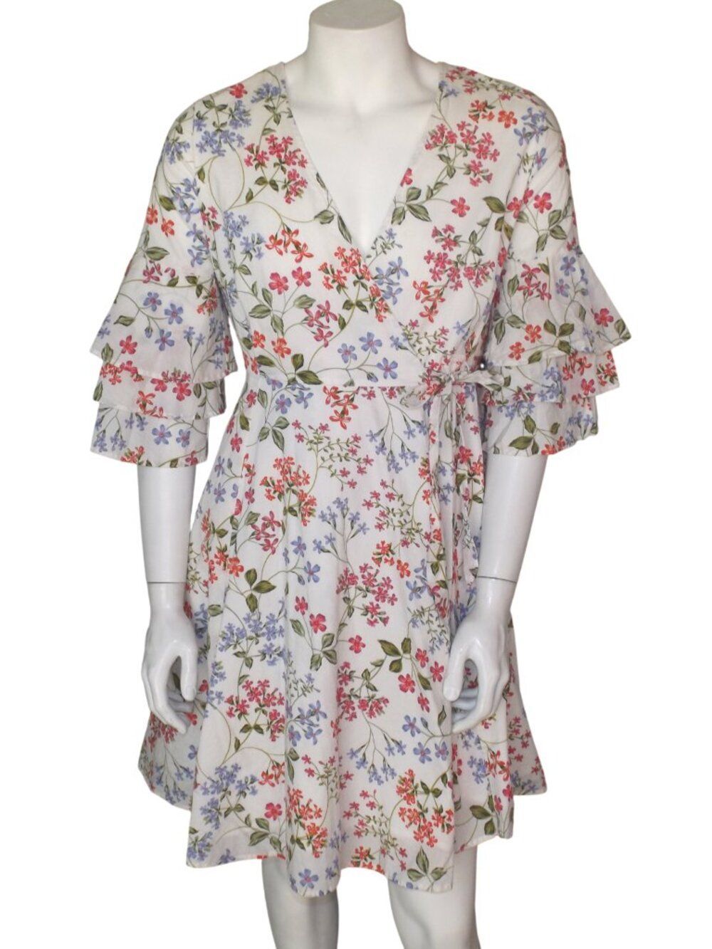 CALVIN KLEIN Wrap Dress, 8, White/Multicolor Floral, Tiered bell sleeves, Pocket